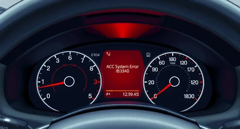 A detailed illustration depicting a car's dashboard with a warning light illuminated, specifically indicating an 'ACC System Error B2340'. The dashboard should show various gauges and indicators, with the error light prominently displayed. The background should be a slightly blurred view of the car's interior. Focus on conveying a sense of technical malfunction.
