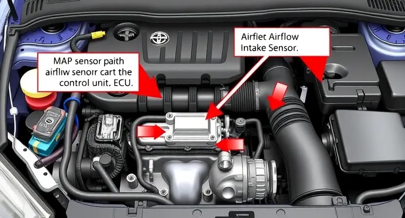 A detailed illustration of a car's engine bay, highlighting the Mass Airflow Sensor (MAP sensor) and its connection to the engine control unit (ECU). Include arrows indicating the airflow path and the sensor's position relative to the intake manifold. The image should clearly show the sensor's physical components and wiring. Focus on technical accuracy and clarity.
