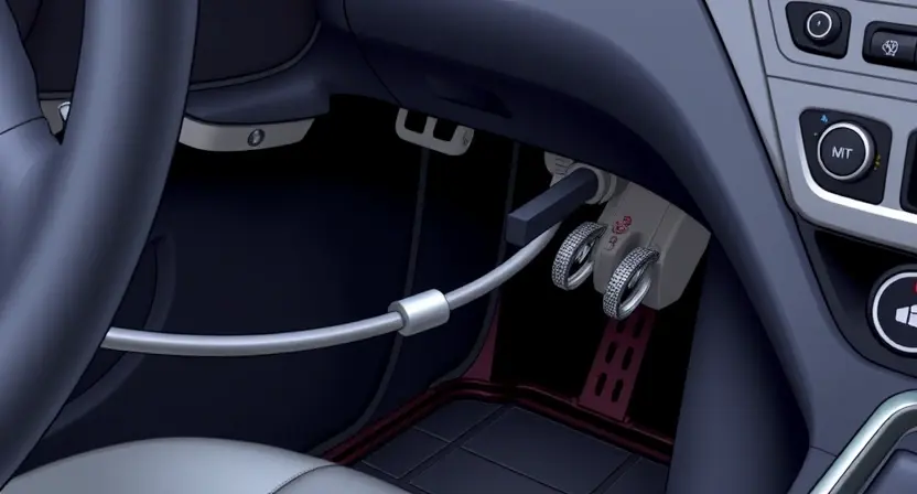 A close-up, detailed illustration of a car's handbrake system. Focus on the components like the cable, lever, and mechanism within the car's interior. The image should clearly show the parts involved in the handbrake function.