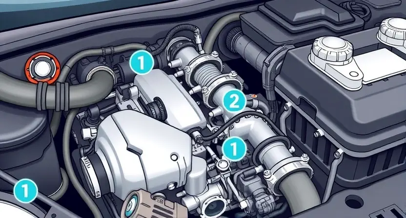 A detailed illustration of a car's engine bay, focusing on the cooling system. Show a close-up of the electric water pump, highlighting any potential signs of malfunction (e.g., leaking coolant, unusual discoloration). Include hoses, radiator, and other relevant components. The overall scene should convey a sense of technical inspection and potential problem identification.