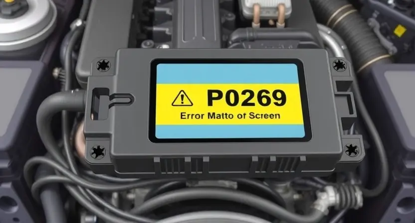 A detailed illustration of an automotive engine control unit (ECU) with a highlighted P0269 error code displayed on a diagnostic screen. The engine should be partially visible in the background, suggesting a car. Focus on the technical aspects of the ECU and the error code display.