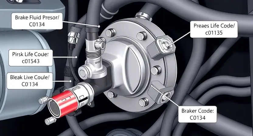 A high-quality technical illustration showing a brake fluid pressure sensor and its diagnostic components, with clear labels indicating error code C0134, featuring detailed mechanical parts, fluid lines, and warning indicators, rendered in a professional engineering diagram style