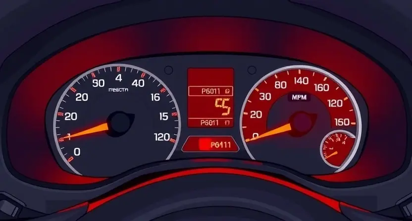 A detailed illustration of a car's dashboard with a diagnostic light illuminated, specifically the P0611 code indicator. The dashboard should show various gauges and warning lights, with the P0611 light highlighted in red. The car's interior should be realistically depicted.