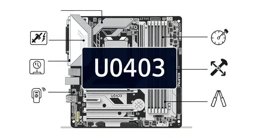 A high-quality technical illustration showing a computer motherboard with a highlighted error code U0403 displayed on a diagnostic screen, surrounded by icons representing electrical faults and repair tools, clean white background, detailed line work, professional technical style