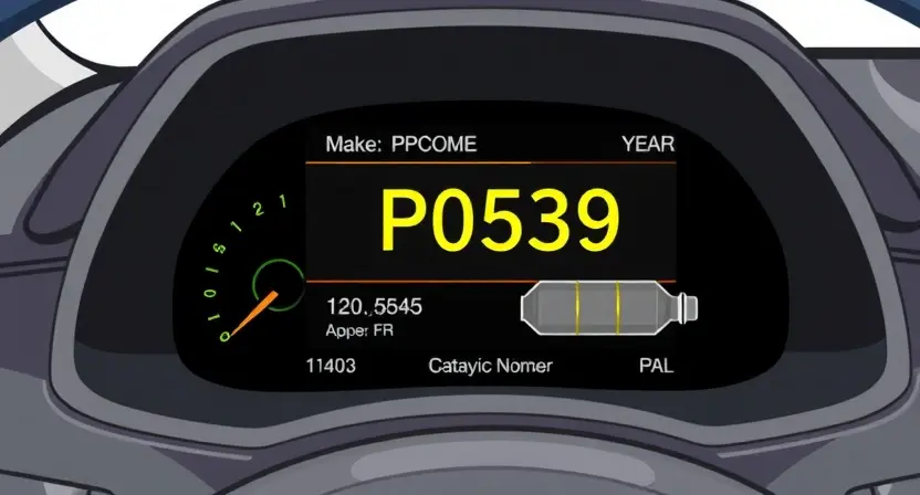 A detailed illustration of a car's diagnostic interface displaying the error code P0539. The interface should show the code prominently, along with relevant vehicle information like make, model, and year. Include visual cues representing the affected system (e.g., a catalytic converter).