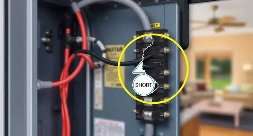 A detailed illustration of an electrical panel with a highlighted section showing a damaged wire or connection, indicating a short circuit or open circuit. Focus on the wiring and potential points of failure. The background should be a slightly blurred view of a home's interior, suggesting the location of the electrical panel.