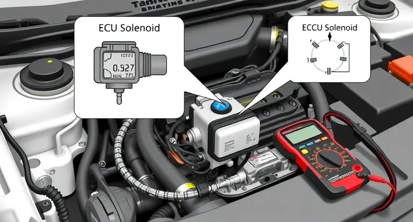 A detailed illustration depicting a car's engine bay with a focus on the solenoid and its associated wiring. The solenoid should be clearly visible, along with diagrams showing its connection to the engine control unit (ECU). Tools like a screwdriver and multimeter are shown nearby, suggesting diagnostics. The background should be slightly blurred to emphasize the engine components.