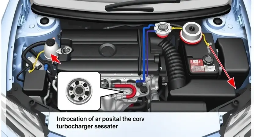 A detailed illustration of a car engine bay, focusing on the position of the position sensor for the turbocharger actuator. Include visual representations of the sensor, wiring, and the turbocharger itself. The image should clearly depict the potential location of the sensor and its connection to the engine control unit (ECU).