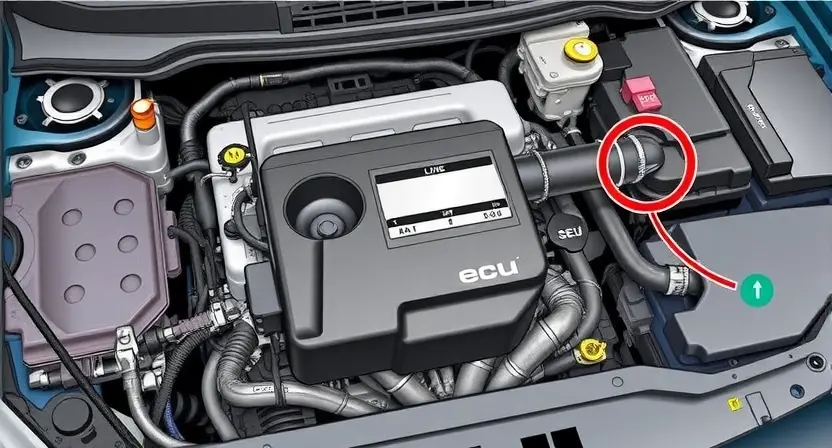 A detailed illustration of a car's engine bay, highlighting the engine control unit (ECU) and relevant wiring. Focus on clarity and technical accuracy.
