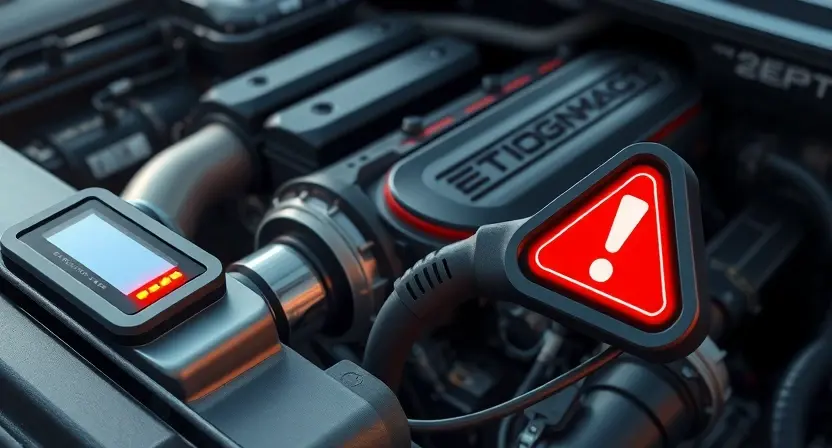 A stylized, high‑resolution illustration of a car’s internal combustion engine and catalytic converter, with a diagnostic scanner connected to the engine. The engine should be partially open to reveal the cylinder head and spark plugs, while the catalytic converter is shown as a silver tube with a subtle glow. A prominent red warning light icon is placed near the engine to indicate an error condition. The scene is rendered with realistic lighting and subtle shading, emphasizing the mechanical co