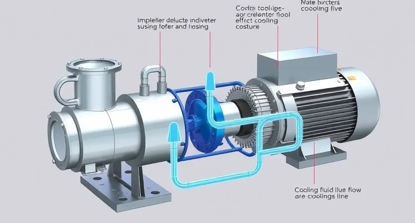 A detailed illustration of an inverter cooling pump, highlighting its components and connections within a system. Focus on the pump's physical structure, including impeller, housing, and motor. Show the pump connected to the inverter and the cooling system's fluid lines. Include visual cues representing the cooling fluid flow.