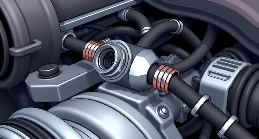 A close-up, detailed illustration of a car's engine bay. Focus on the engine temperature sensor and surrounding components. The image should convey a sense of technical precision and clarity, highlighting the sensor's location and connection points. Use realistic textures and lighting to depict the metallic surfaces and wiring.