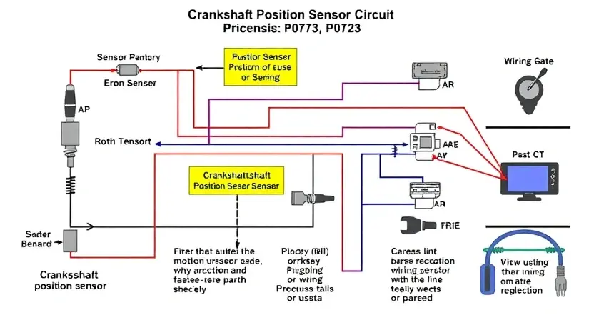 A detailed schematic diagram of an engine's crankshaft position sensor circuit, highlighting the P0723 error code and potential causes. Include visual representations of the sensor, wiring, and diagnostic tools.