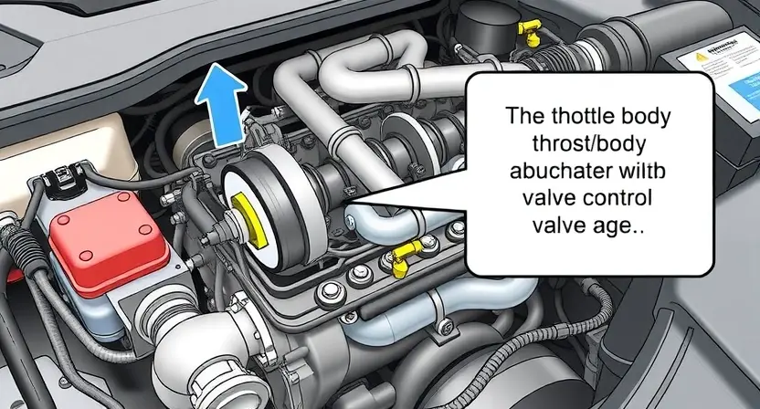 A detailed illustration of a car engine, specifically focusing on the intake manifold and valve body. The image should highlight the position of the throttle body and the potential blockage of the valve control actuator. Show the internal components clearly, emphasizing the mechanism that could cause a valve blockage. The engine should be clean and well-lit, with a focus on mechanical accuracy.
