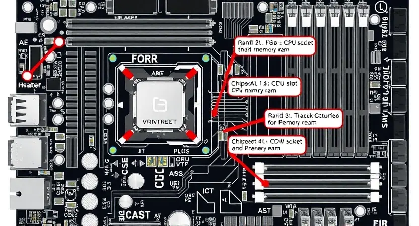 A detailed schematic diagram illustrating the internal components of a computer motherboard, specifically highlighting the areas related to memory (RAM) and potential error indicators. Focus on clean lines, clear labeling of components like the CPU socket, RAM slots, chipset, and power delivery system. The image should convey a sense of technical precision and clarity, suitable for a troubleshooting guide.