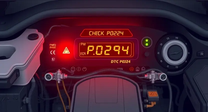 A detailed illustration of a car's engine bay with a check engine light illuminated. Focus on the diagnostic trouble code (DTC) P0224 displayed on a dashboard or diagnostic tool. Include visual cues representing the issue, such as a partially clogged catalytic converter or a faulty EGR valve, but avoid showing specific parts in extreme detail.