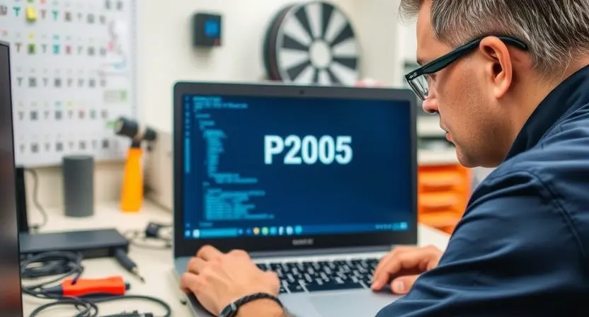 A computer repair technician is diagnosing a laptop with a P2005 error. The scene should depict a clean, well-lit workspace with the technician focused on the laptop's screen, which displays the error message. Tools like a screwdriver and diagnostic equipment are subtly visible in the background. The overall mood should be professional and problem-solving oriented.