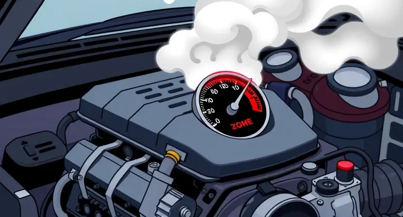 A detailed illustration of an engine overheating, showing steam coming from the engine block, a temperature gauge in the red zone, and warning lights illuminated on the dashboard. The background should be a car interior with a visible dashboard.