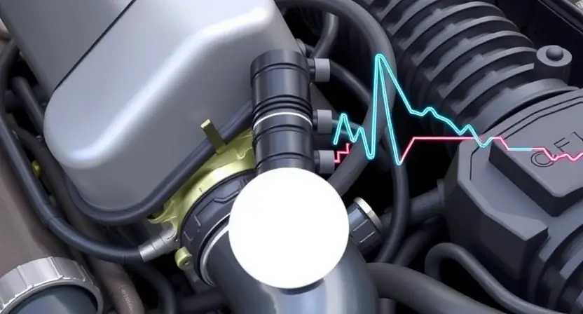 A close-up illustration of a car engine with a focus on the oxygen sensor and related wiring. The sensor should be clearly visible, and the wiring should be depicted in a way that suggests a fluctuating or intermittent signal. Use color coding to highlight the sensor and wiring. The background should be a slightly blurred view of the engine bay.