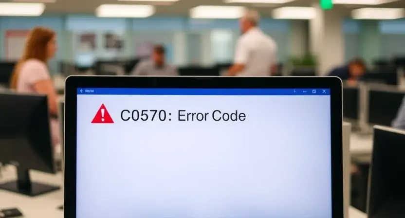A computer screen displaying an error message "C0570: Error Code" with a red exclamation mark. The background is a blurred office environment.