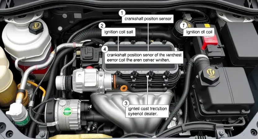 A detailed technical diagram of a Lada/VАЗ vehicle engine bay showing the ignition system components related to error code P1386, including the crankshaft position sensor, ignition coil, and wiring harness, with clear labels and clean industrial styling, no text or numbers visible on the diagram