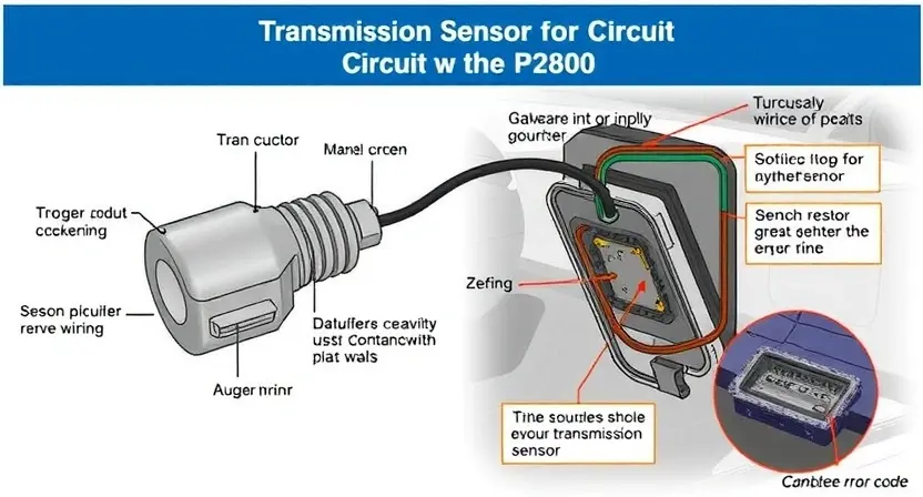 A detailed illustration of a car's transmission sensor circuit, highlighting the P2800 error code. Include visual representations of the sensor, wiring, and potential causes of the malfunction. Focus on clarity and technical accuracy.
