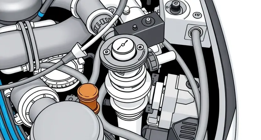 A close-up, detailed illustration of a car engine bay. Focus on the thermostat and temperature sensor, highlighting their physical components and connections. Include visible hoses and wiring. The overall scene should convey a sense of automotive mechanics and diagnostic tools. The engine should be clean and well-maintained.
