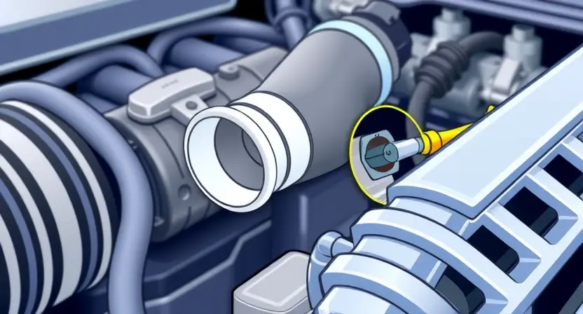 A close-up, detailed illustration of a car engine bay with a focus on the mass airflow sensor (MAF sensor). The sensor should be clearly visible, along with surrounding engine components like air intake tubing and hoses. The overall lighting should be bright and clean, highlighting the sensor's details. The background should be slightly blurred to emphasize the sensor. The image should convey a sense of technical precision and clarity.