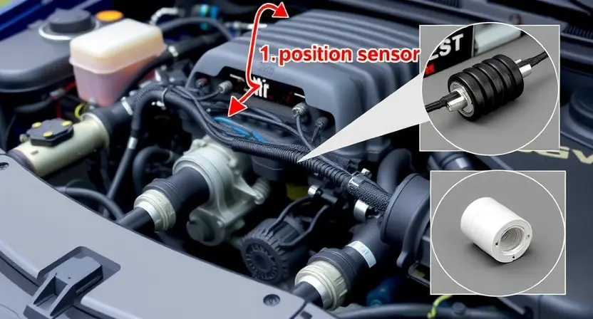 A detailed illustration of a car's engine bay, focusing on the sensor wiring and components related to the fork position sensor. Include close-ups of the sensor itself and the wiring harness. The background should be slightly blurred to emphasize the engine components.