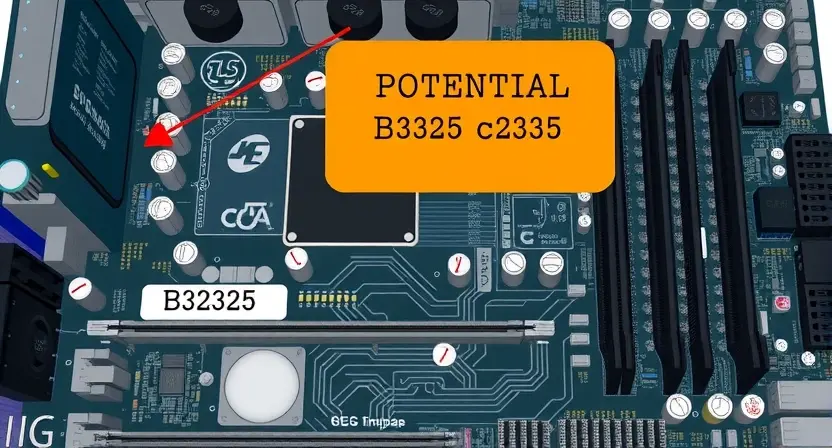 A detailed illustration depicting a computer motherboard with a highlighted area indicating a potential B2325 error. The motherboard should be clean and well-lit, showcasing various components. A subtle visual cue, like a red warning symbol or a flashing light, should be present near the highlighted area.