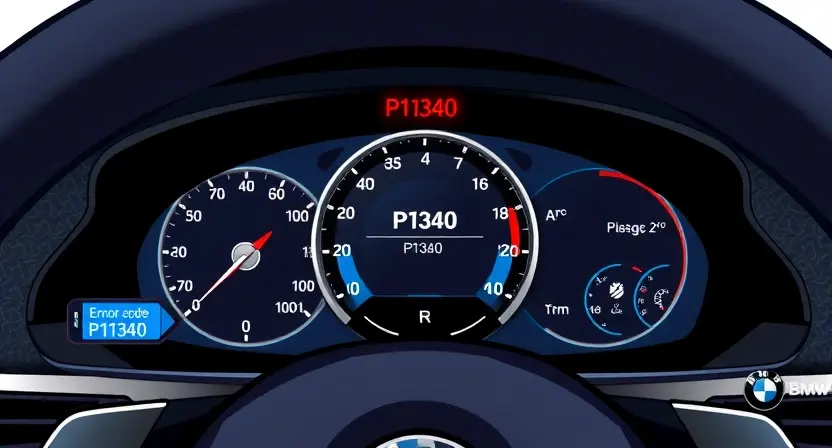 A high-quality technical illustration showing a BMW car dashboard with a warning light indicating error code P1340, surrounded by diagnostic tools and schematics, clean and professional visual style