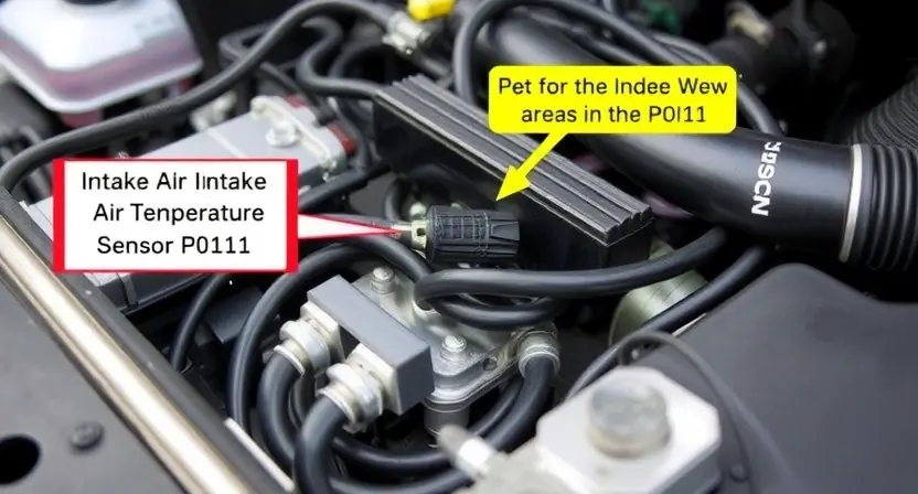 A close-up image of a car engine bay, focusing on the intake air temperature sensor and its wiring. The sensor should be clearly visible, along with the surrounding wiring harness and connectors. The image should depict a clean and well-maintained engine bay, highlighting the potential areas of concern for a P0111 error.