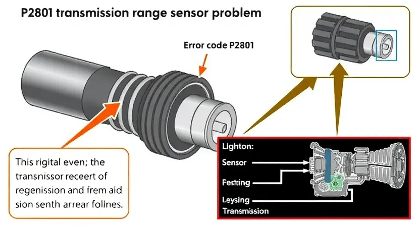 A detailed illustration of a transmission sensor, highlighting potential failure points. Include visual cues representing the error code P2801 (transmission range sensor problem). Show a schematic diagram of the sensor and its connection to the transmission system. Focus on technical accuracy and clarity.