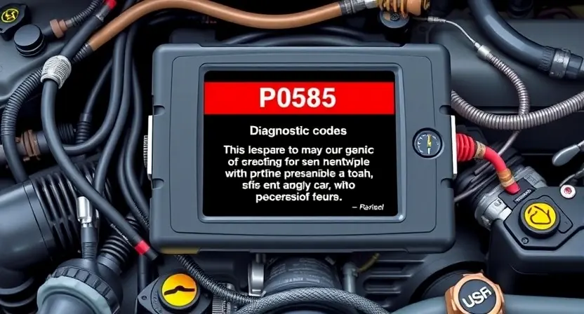 A detailed illustration of an automotive engine control unit (ECU) with diagnostic codes displayed on a screen. The ECU should be surrounded by various automotive components like sensors, wiring harnesses, and hoses. The screen should clearly show the code 'P0585' highlighted in red, along with a brief explanation of the code's meaning and potential causes.