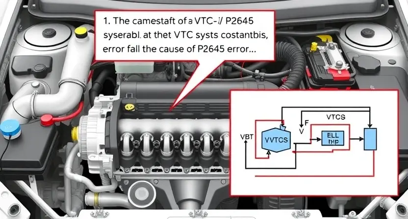 A detailed illustration of an engine bay with a focus on the VTEC/i-VTEC system. Show the engine components, including the camshaft, valve train, and sensors, with visual cues indicating the potential cause of the P2646 error. Include diagnostic tools and a schematic diagram overlay to represent the system's functionality.