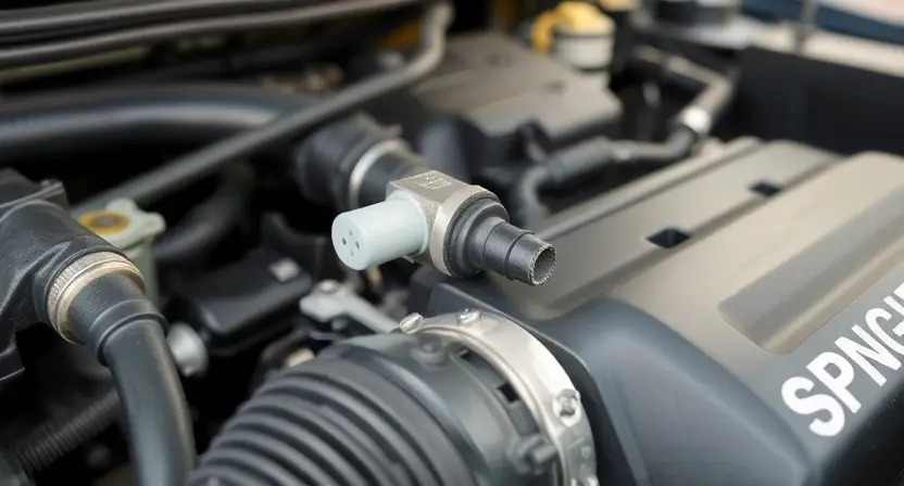 A close-up shot of a car's engine bay, focusing on the engine coolant temperature sensor. The sensor should be clearly visible, with hoses and wiring around it. The engine should appear clean and well-maintained. The background should be slightly blurred, suggesting a garage or workshop environment.