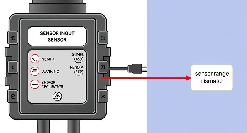 A detailed schematic diagram of an engine control unit (ECU) with a highlighted sensor input. The diagram should clearly show the sensor's connection to the ECU and the data flow. Include visual indicators representing a sensor range mismatch, such as a warning symbol or a color change on the sensor line. The background should be a clean, professional-looking technical illustration style.