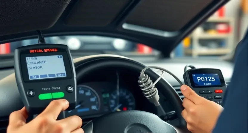 A detailed automotive diagnostic scene showing a mechanic using an OBD-II scanner connected to a car's dashboard, with a close-up view of the engine coolant temperature sensor and thermostat housing, coolant fluid dripping slightly, and a digital display showing error code P0125. The background includes a garage with tools, a car hood open, and soft natural lighting. No text, letters, or digits appear on any surfaces or screens.
