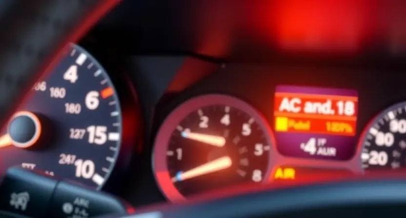 A close-up, detailed illustration of an automotive dashboard with the AC system indicator light illuminated. The dashboard should be clean and modern, with visible gauges and buttons. Focus on the AC light, making it clearly visible and brightly lit. The background should be slightly blurred to emphasize the light.