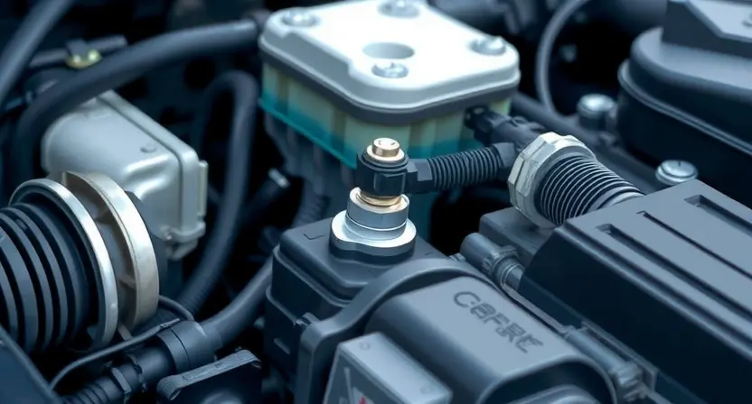 A close-up, detailed illustration of a car's engine bay, focusing on the coolant temperature sensor. The sensor should be clearly visible, along with nearby hoses and engine components. The overall lighting should be bright and clean, emphasizing the mechanical details. The background should be slightly blurred to keep the focus on the sensor.