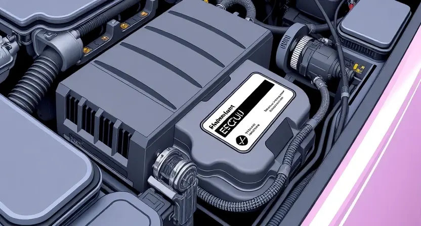 A close-up, detailed illustration of a car's engine bay. Focus on the engine control unit (ECU) and related sensors, highlighting their connections and wiring. The overall scene should convey a sense of technical precision and diagnostic investigation.