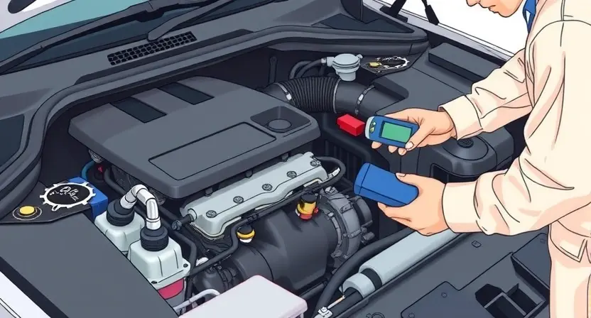 A close-up, detailed illustration of a car engine bay with a mechanic inspecting the engine. Focus on the engine's components, including the intake manifold, sensors, and hoses. The mechanic should be wearing a light-colored uniform and using a diagnostic tool. The overall lighting should be bright and clean, highlighting the engine's details.