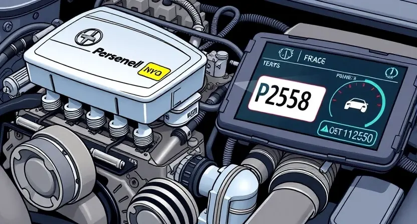 A detailed illustration of a car engine with a highlighted error code P2558 displayed on a digital dashboard. The engine should be realistically rendered, showing various components like pistons, valves, and belts. The dashboard should be modern and clearly display the error code with accompanying diagnostic information.