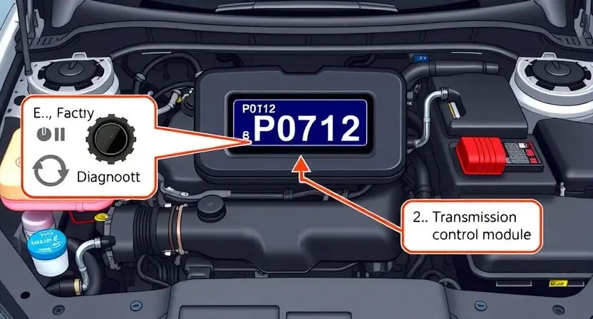 A detailed illustration of a car's engine bay, focusing on the diagnostic panel displaying the P0712 code. Include visual cues representing the affected system (e.g., transmission control module). The overall aesthetic should be clean and informative, suitable for a technical guide.