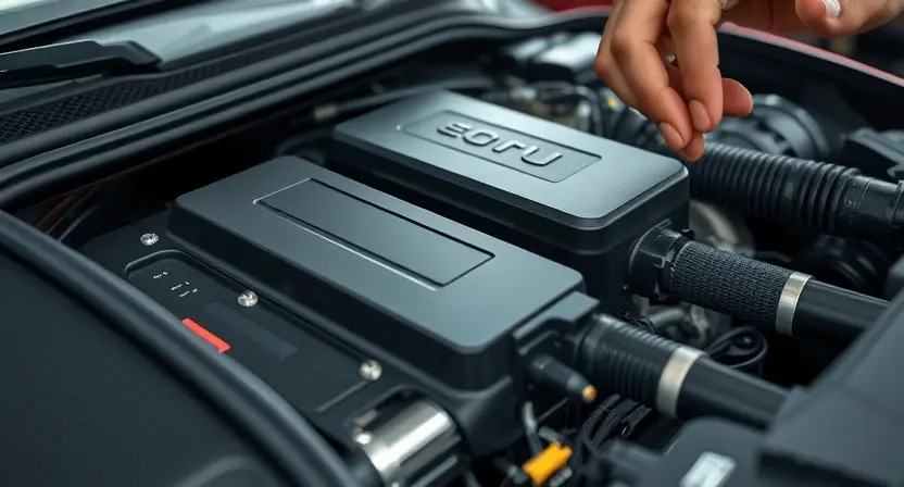 A close-up of a car's engine bay with a mechanic inspecting the engine. Focus on the engine control unit (ECU) and related wiring. The scene should convey a sense of technical diagnostics and problem-solving.