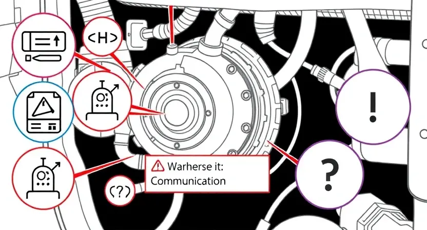 A high-quality technical illustration showing a vehicle's angular rate sensor (gyroscope) with a warning sign indicating loss of communication, surrounded by diagnostic tools and error code U0123, clean lines, detailed components, no text or numbers on image
