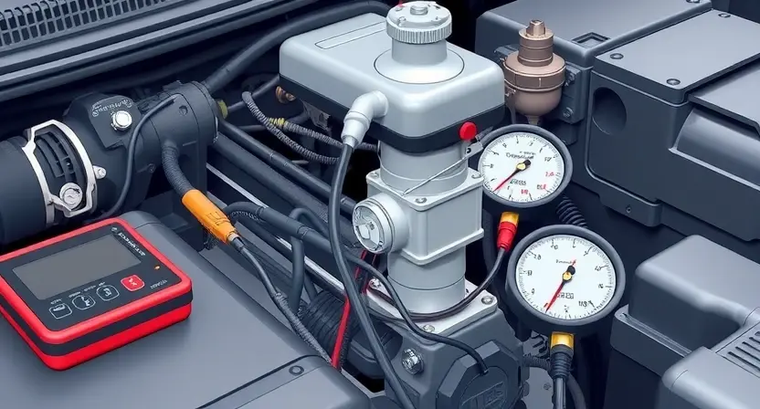 A detailed illustration of a car's engine bay, focusing on the solenoid valve for pressure control (E). The solenoid should be clearly visible, with wiring and hoses connected. Include diagnostic tools like a multimeter and a pressure gauge near the solenoid. The background should be slightly blurred to emphasize the solenoid.