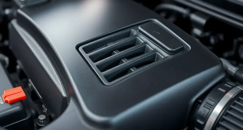 A close-up shot of a car's engine bay, focusing on the air intake and temperature sensor. The engine should appear clean and well-maintained. A subtle glow or highlight could indicate the sensor's location.