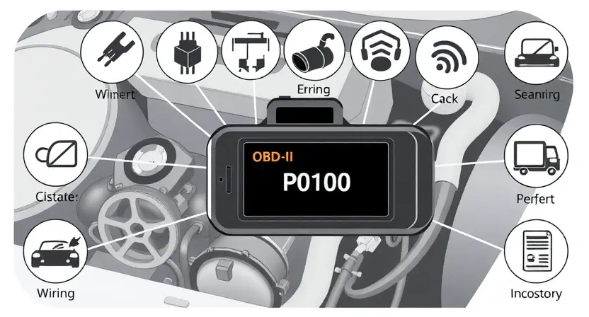A high-quality technical illustration showing a car engine control system with a highlighted OBD-II diagnostic scanner displaying error code P0100, surrounded by icons of sensors and wiring, clean technical diagram style