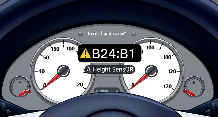 A detailed illustration of a car's dashboard showing a warning light illuminated for a 'B24B1' error code related to the body height sensor signal. The dashboard should be realistically rendered with visible gauges and controls. Focus on the error message display and the warning light.